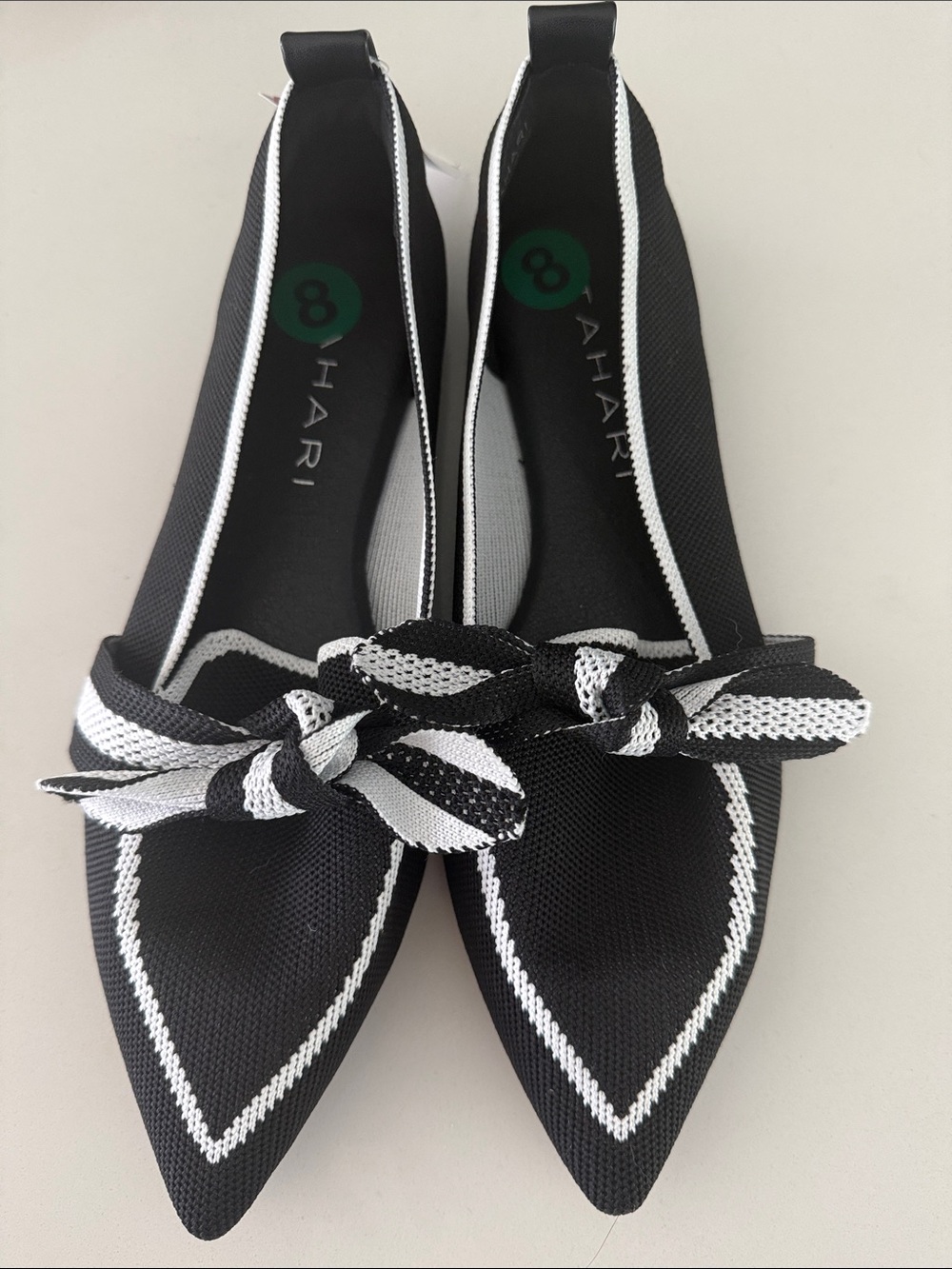 Bahari Black and White Pointed Knit Bow Flats. Brand new with tag. Never worn.